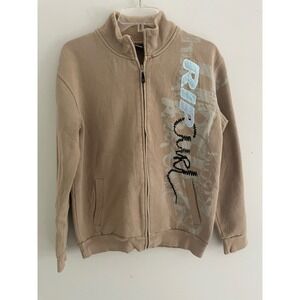 Rip Curl Mens Full Zip Sweatshirt Tan Logo Graphic Mock Neck Fleece Jacket Small